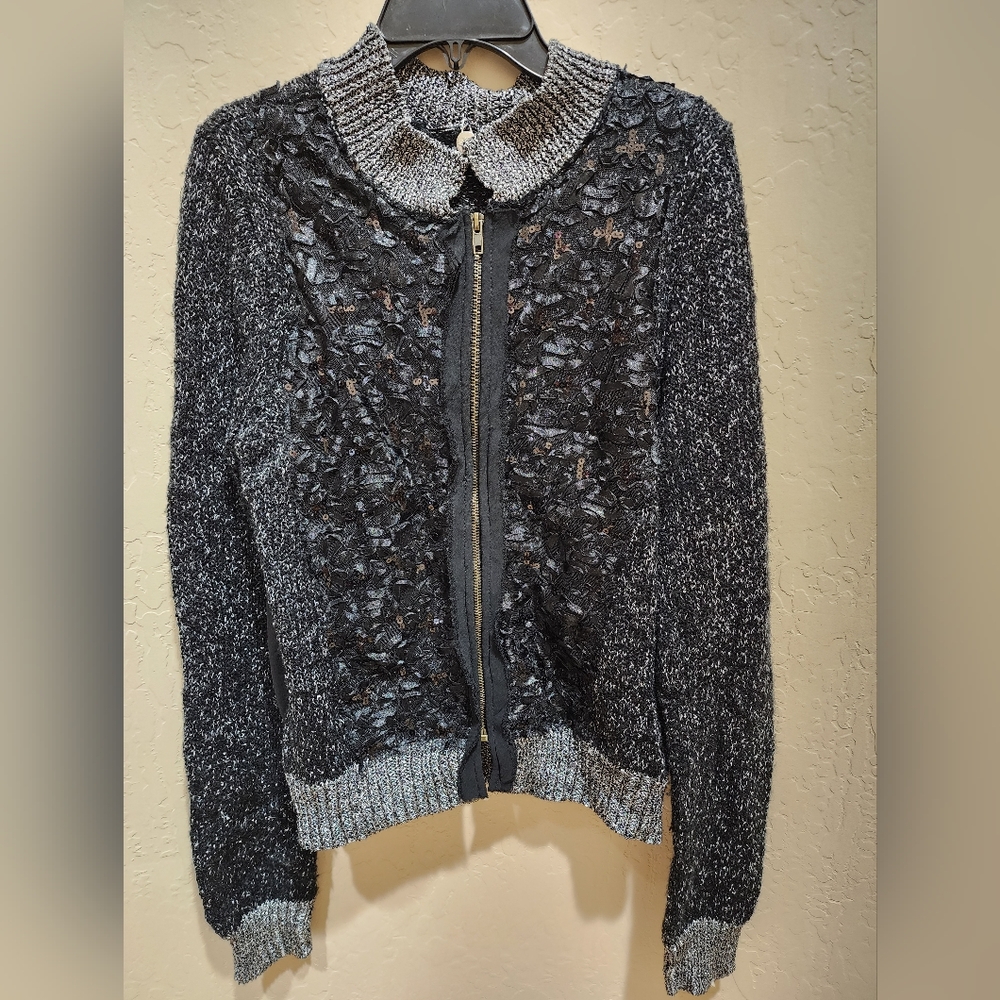 BKE Boutique Black Cardigan Sequin Metallic Ribbon NWOT M
